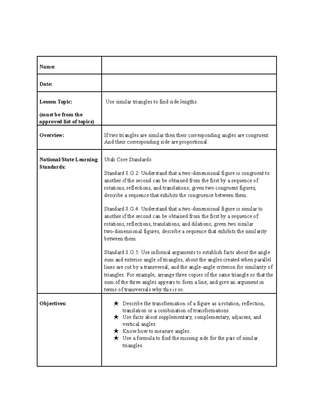 Topic 6 Lesson Plan - Name: Date: Lesson Topic: (must be from the ...
