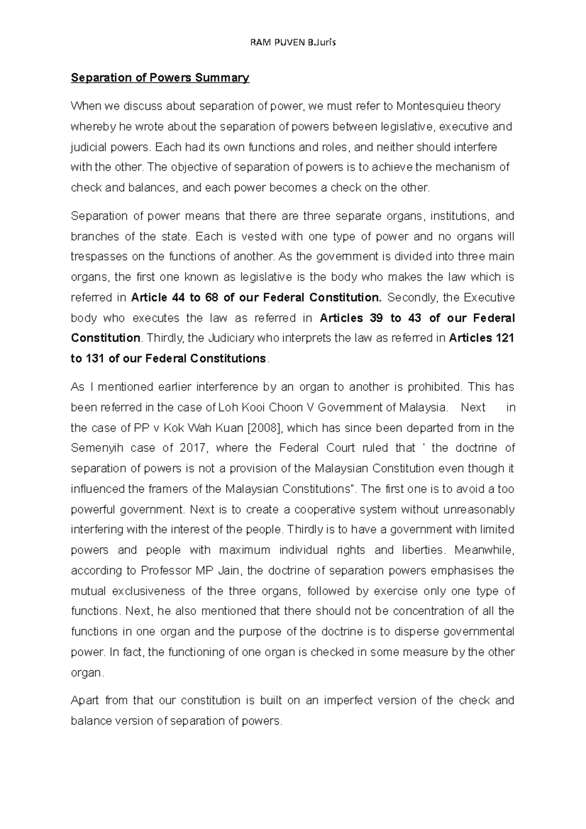 Separation of Powers Summary - Constitutional Law I - Studocu