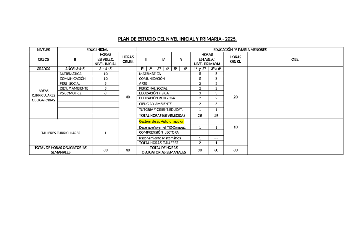 PLAN DE ESTUDIO NIVEL INICIAL Y PRIMARIA 2025 - RESUMEN - Studocu