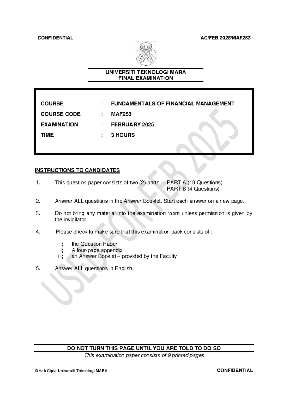 2025 FEB MAF253 Final Exam: Fundamentals of Financial Management - Studocu