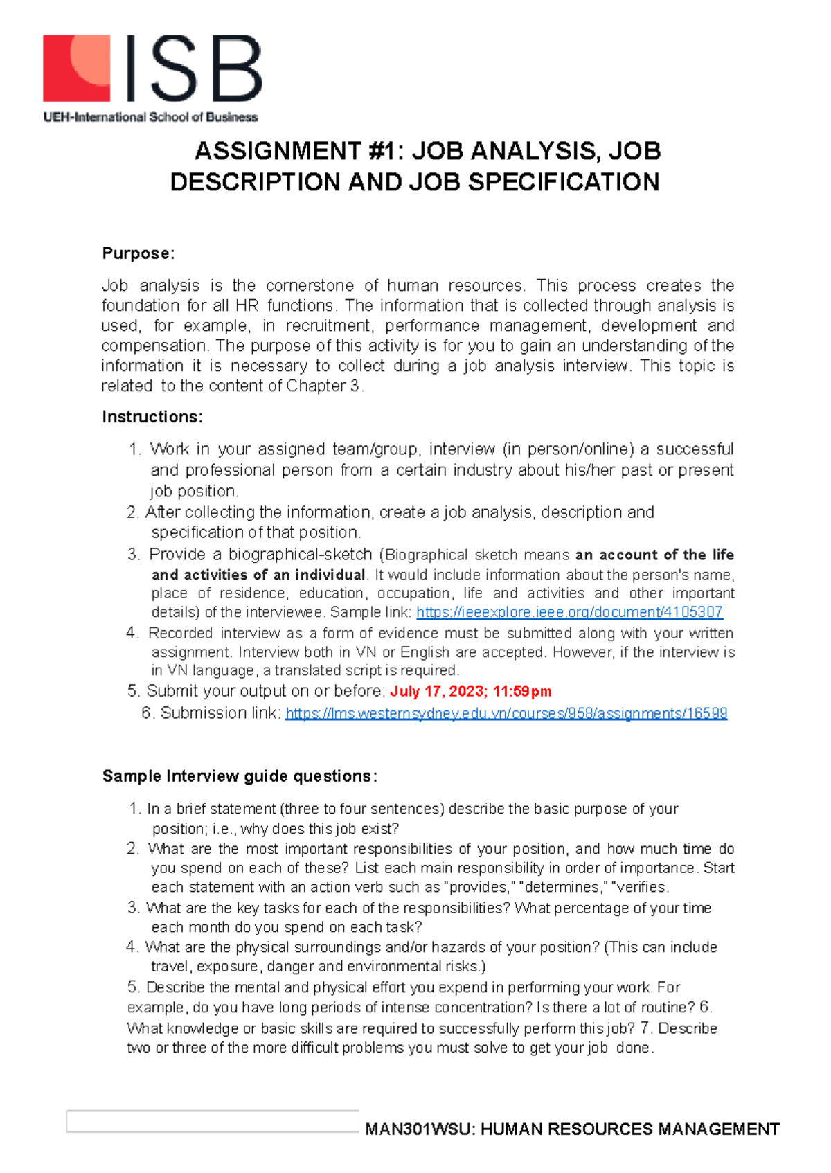 Assignment 1 Guidelines - ASSIGNMENT #1: JOB ANALYSIS, JOB DESCRIPTION ...