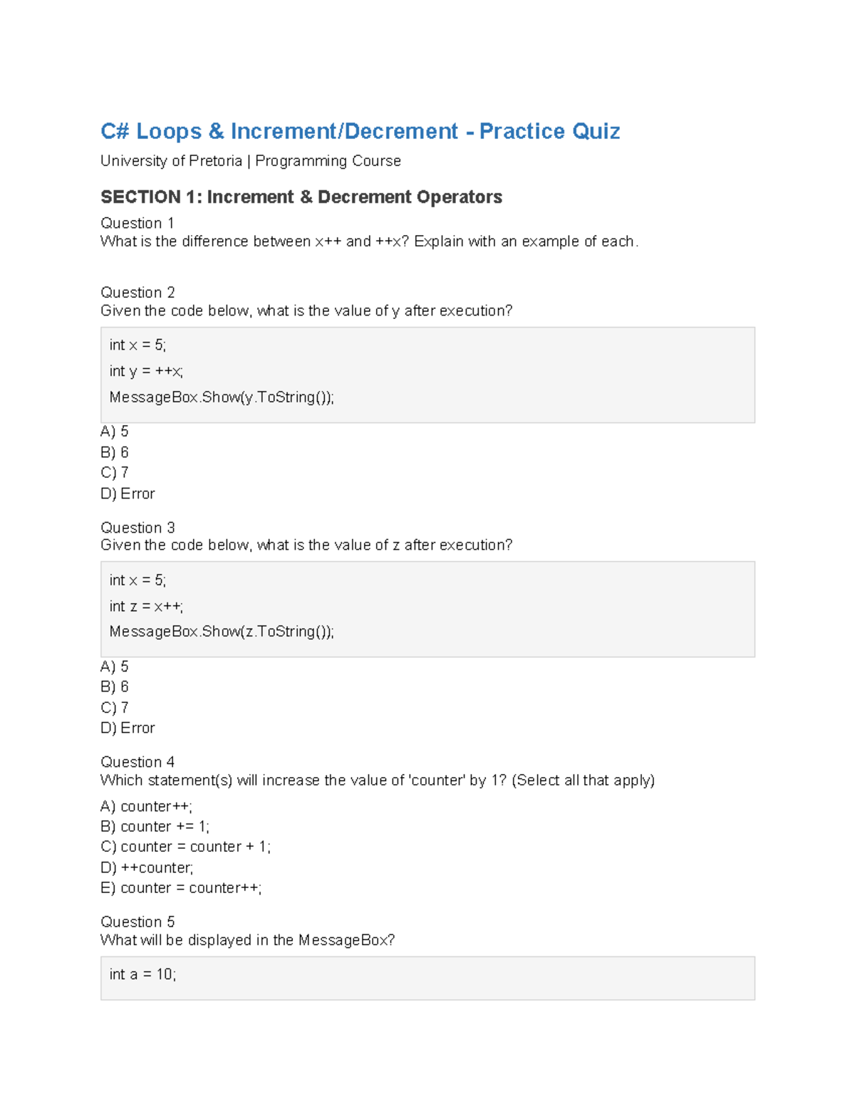 C Sharp Programming Course: Loops Practice Quiz - Studocu