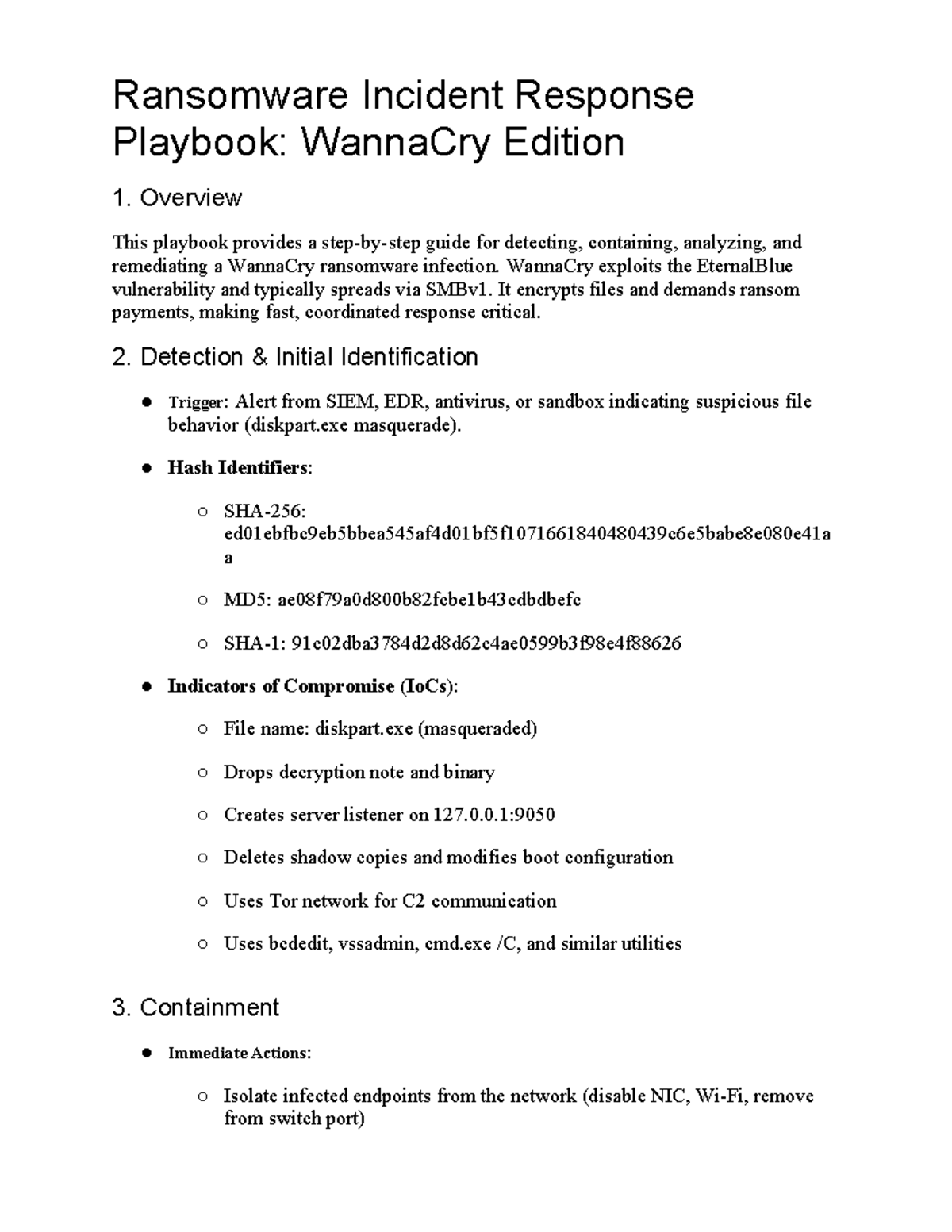 WannaCry Ransomware Response Playbook - Malware Incident Guide - Studocu