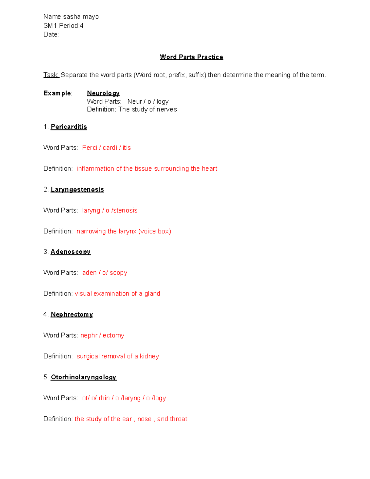 Word Parts Practice: Definitions & Meanings (SM1) - Studocu