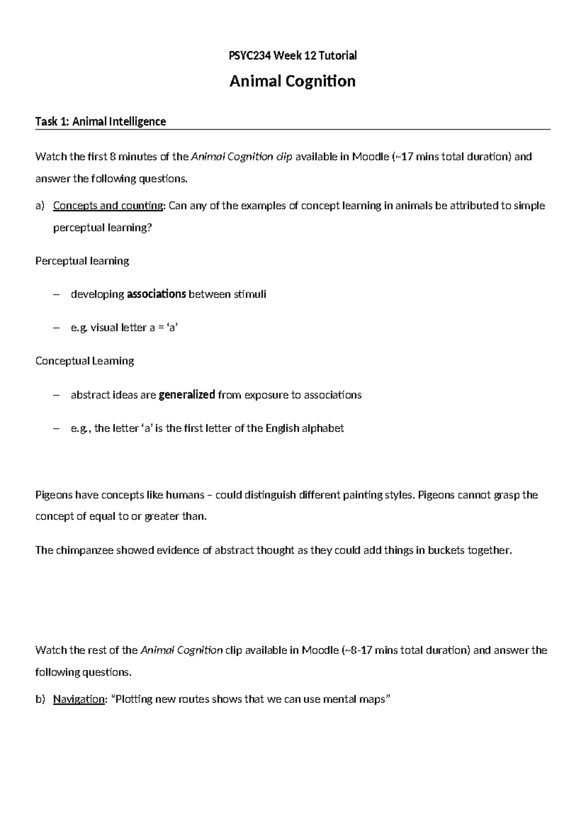 Week 12 - Animal Cognition - Lab Book Pages - PSYC234 Week 12 Tutorial ...