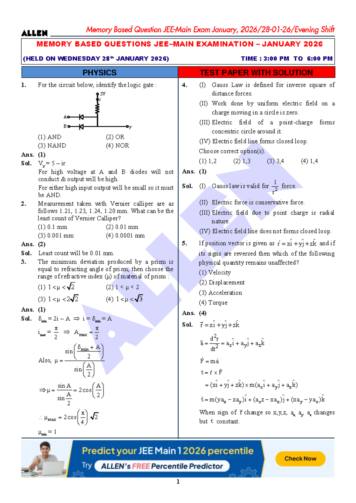 MEMORY BASED QUESTIONS PHYSICS 1 EXAM JAN 2026 WITH SOLUTIONS - Studocu