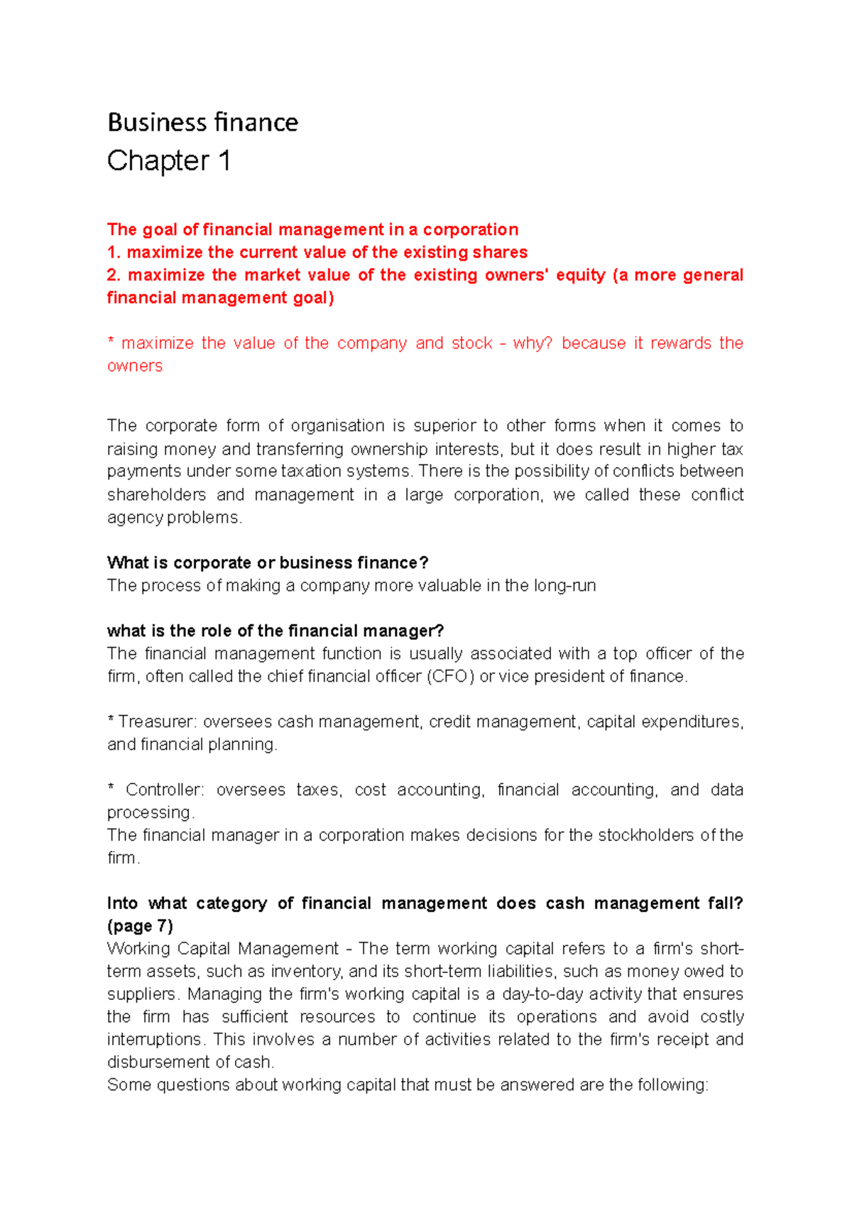 Corporate Finance Essentials - Summary of Chapter 1 Overview - Studocu
