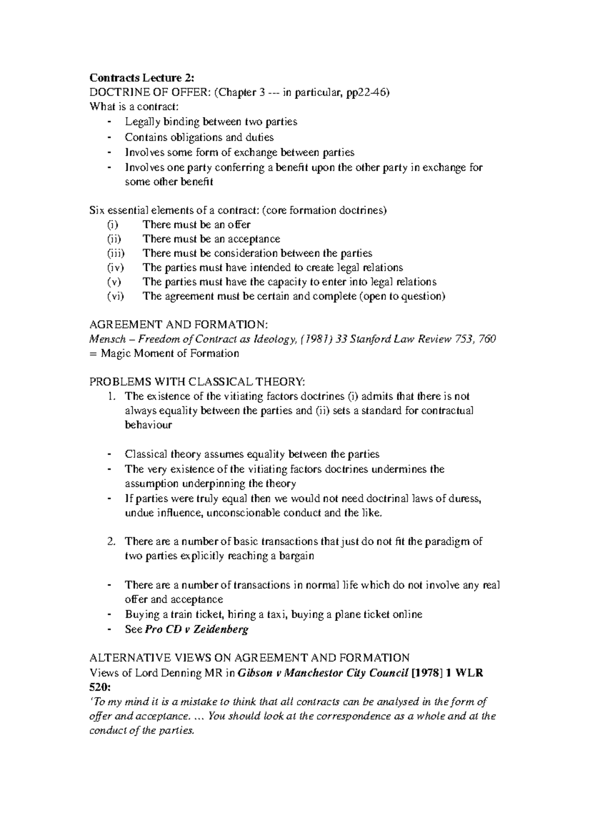 Contract Law Lecture Notes (CL 101) - Doctrine of Offer & Acceptance ...