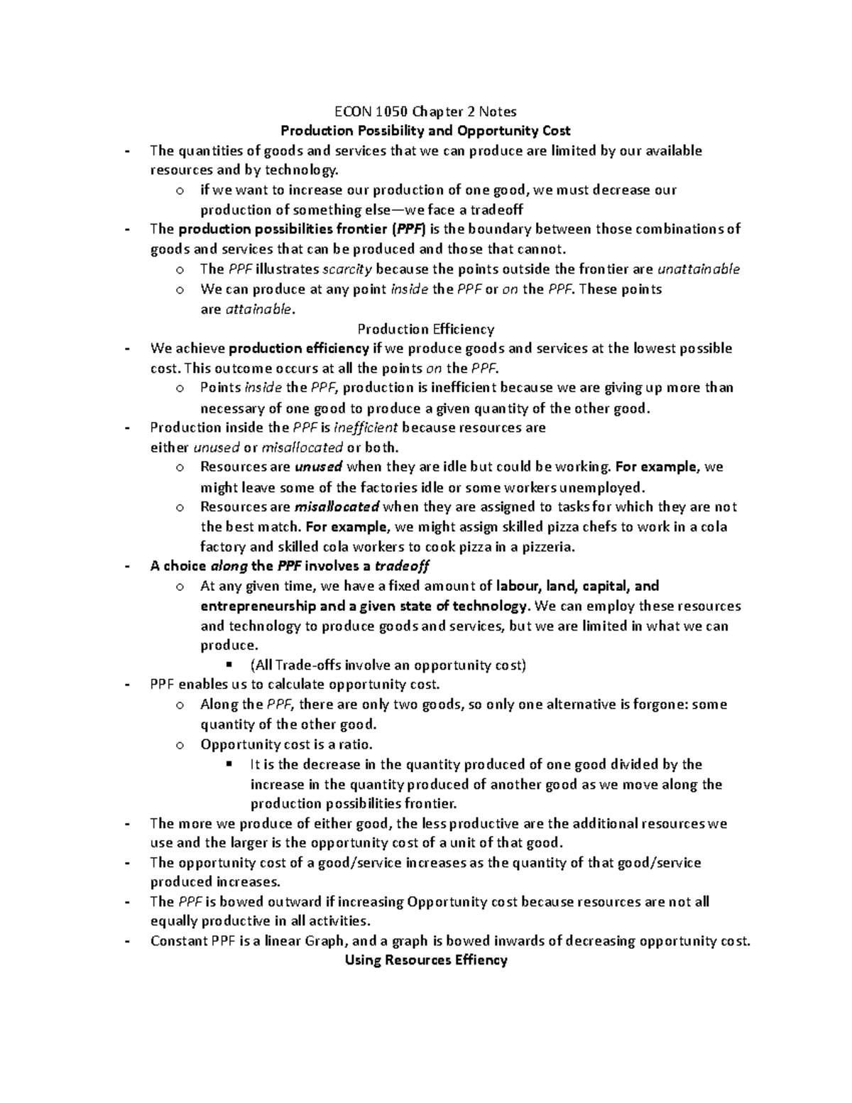 ECON 1050 Chapter 2: Production Possibilities & Opportunity Costs Notes ...
