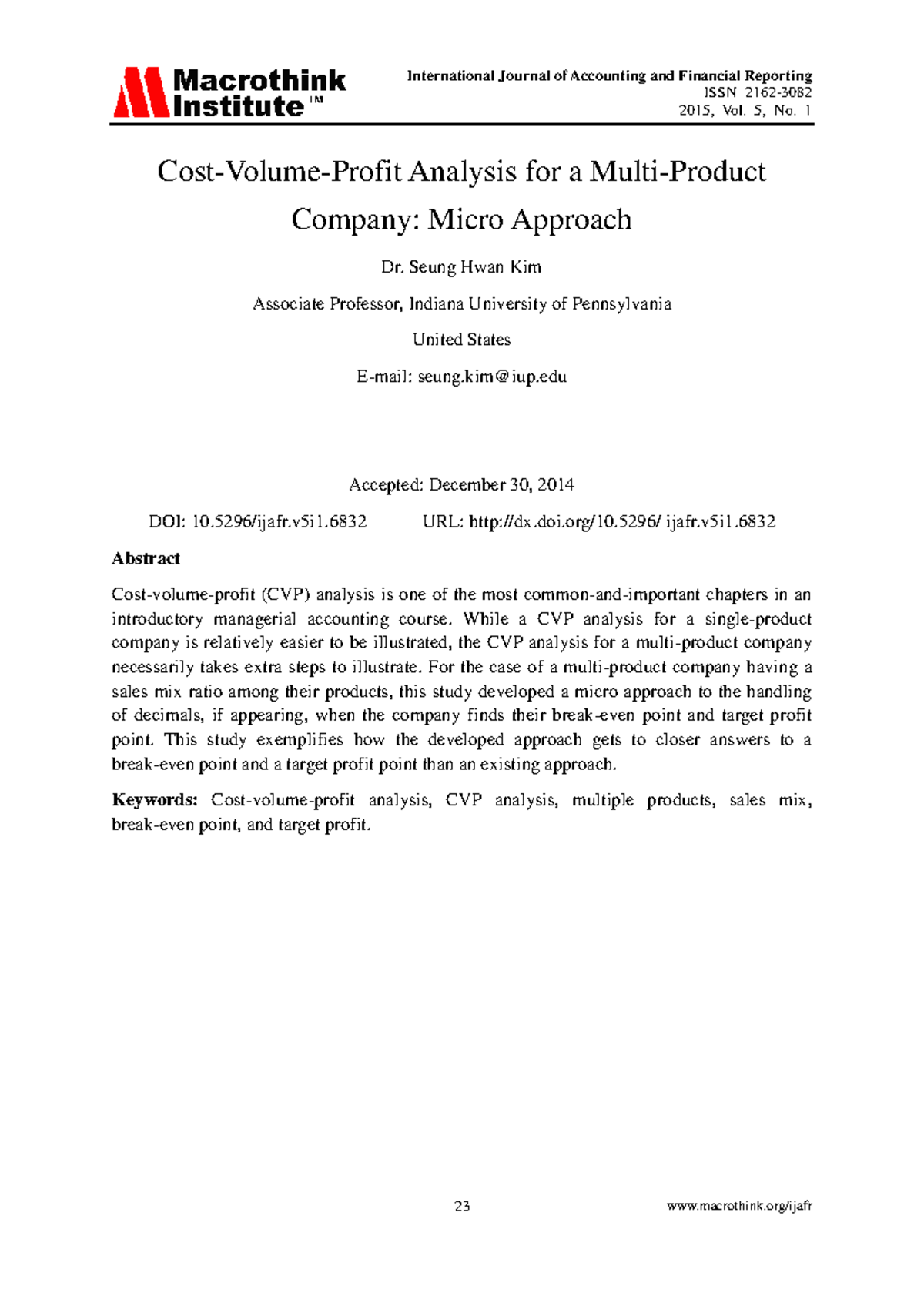 Micro Approach to CVP Analysis for Multiple Products in Managerial ...