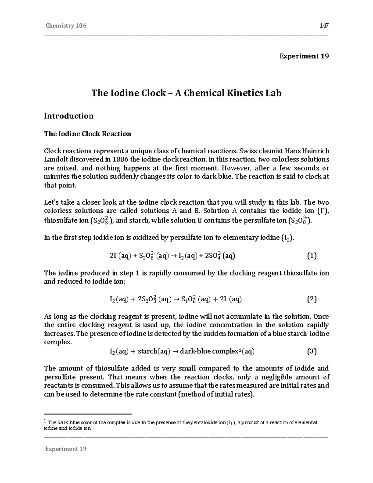 Chemistry 106 Lab 19: The Iodine Clock Reaction and Kinetics - Studocu