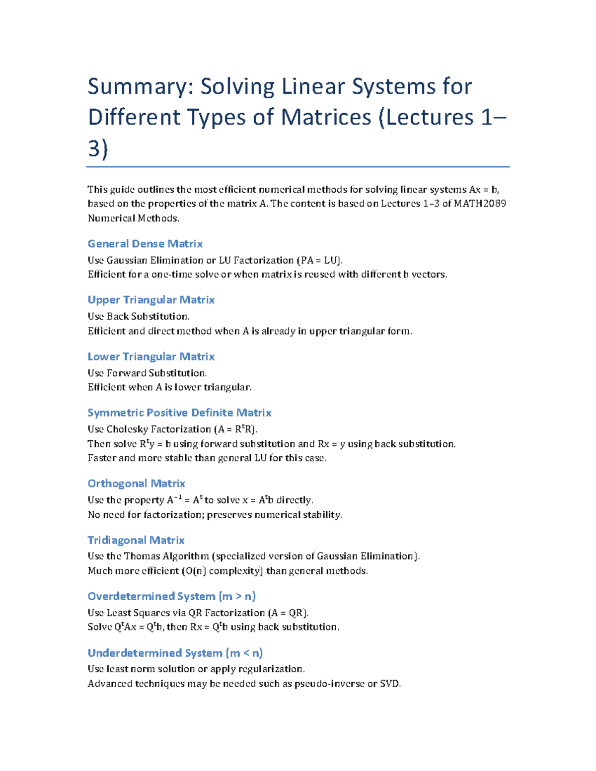MATH2089 Lecture 3: Efficient Methods for Solving Linear Systems - Studocu