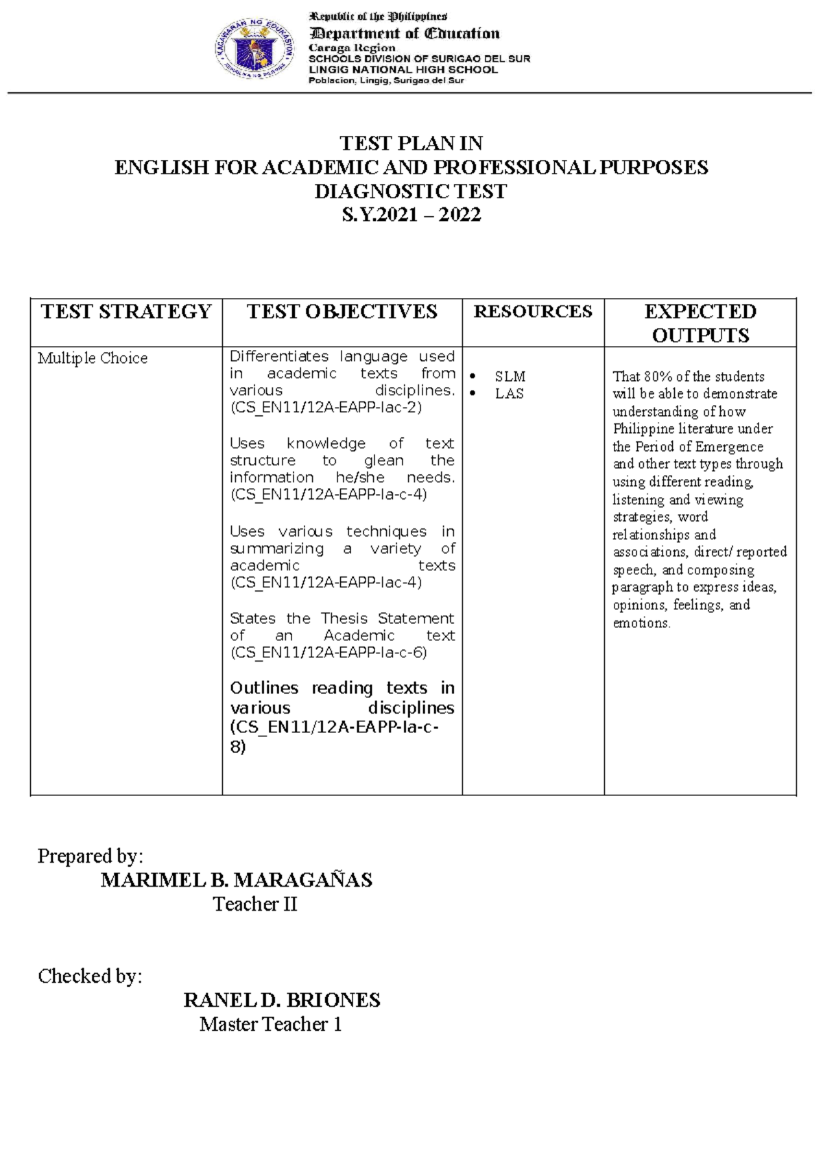 TEST PLAN FOR ACADEMIC AND PROFESSIONAL PURPOSES (EAPP) - Studocu