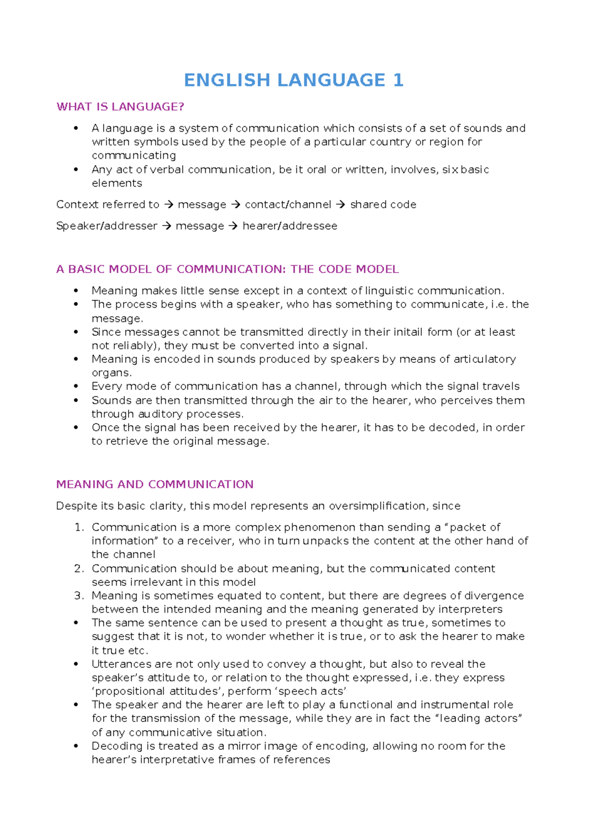 ENGLISH LANGUAGE 1: WHAT IS LANGUAGE? - LECTURE NOTES - Studocu