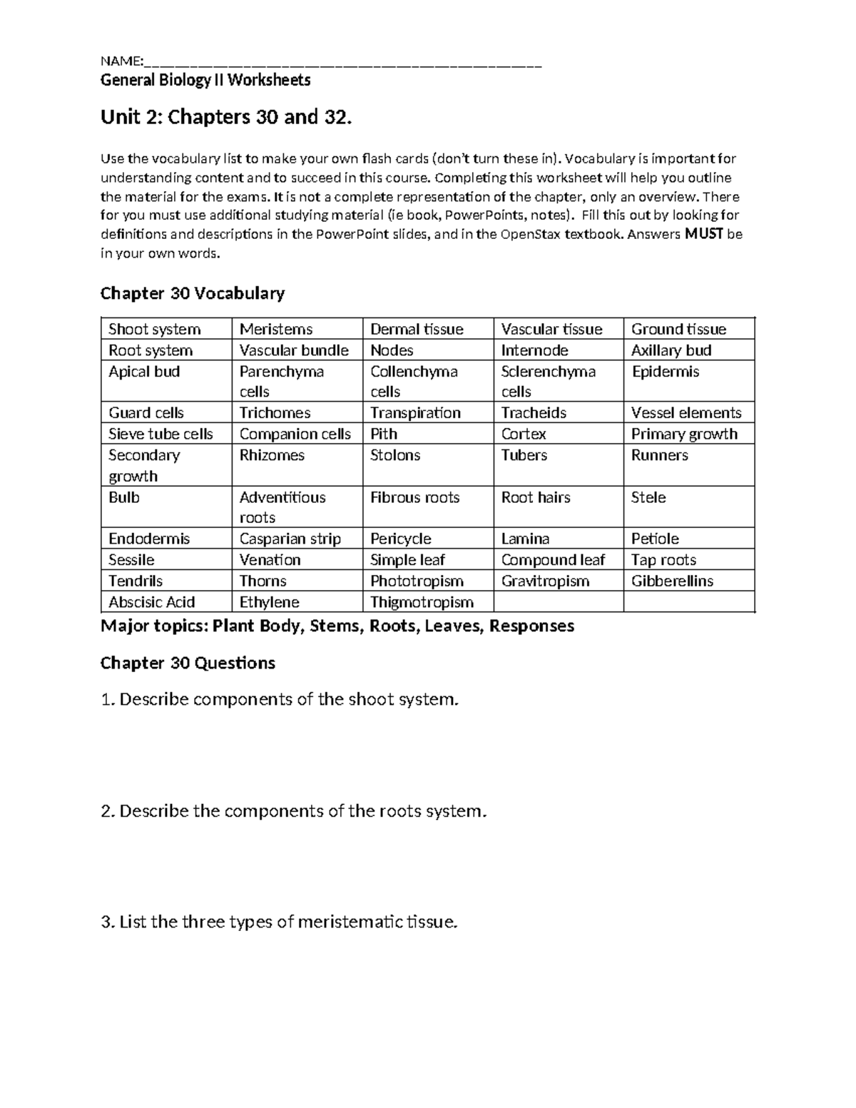 General Biology II: Unit 2 Worksheets on Plant Structure & Function ...
