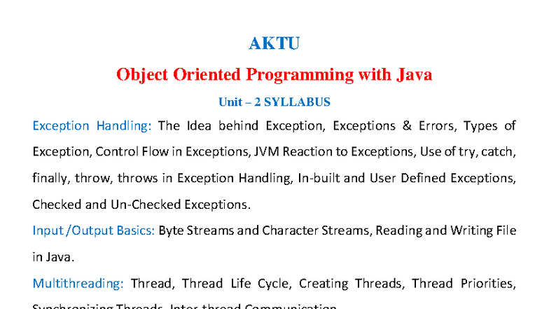 AKTU OOP with Java Unit 2 Notes: Exception Handling & Multithreading ...