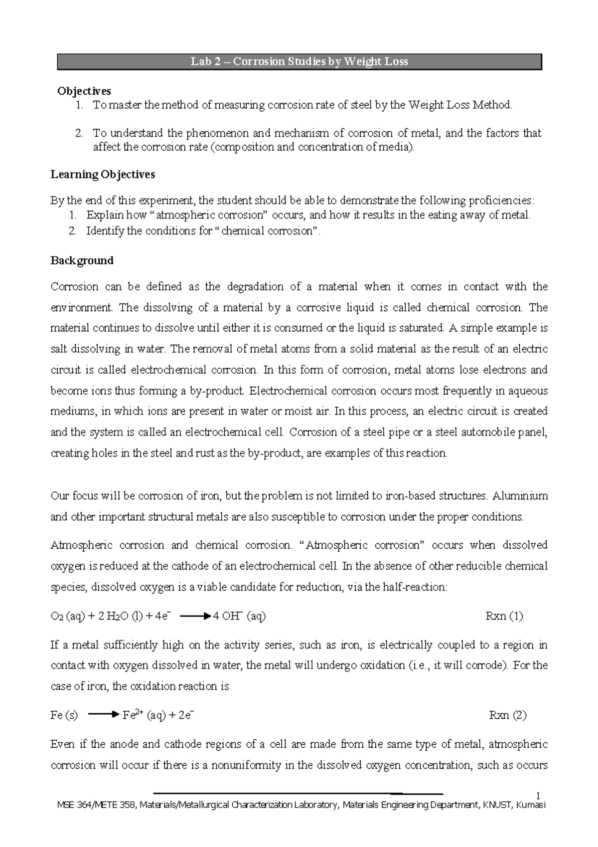 Lab 2: Corrosion Analysis via Weight Loss Method and Key Insights - Studocu