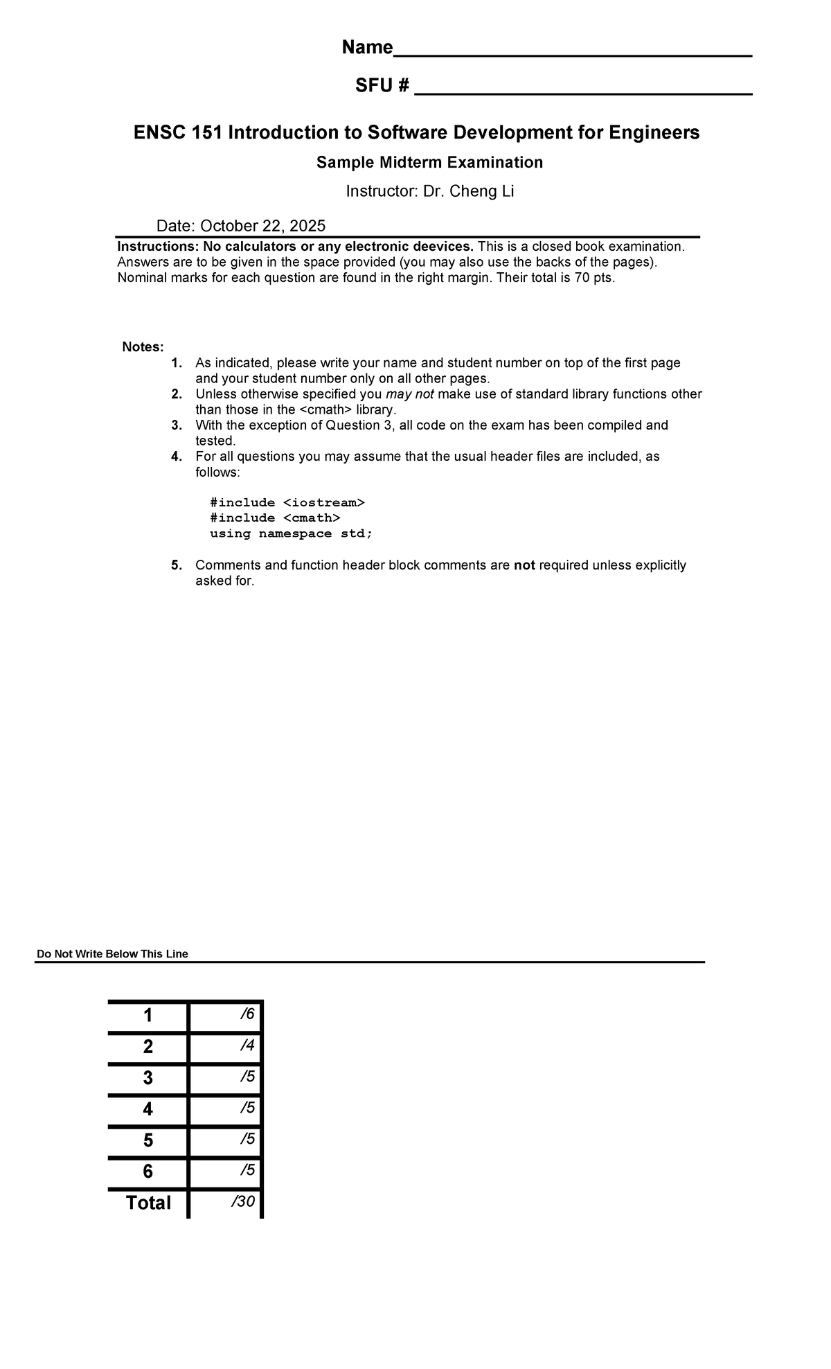 SFU ENSC 151 Sample Midterm Exam on Software Development - Studocu