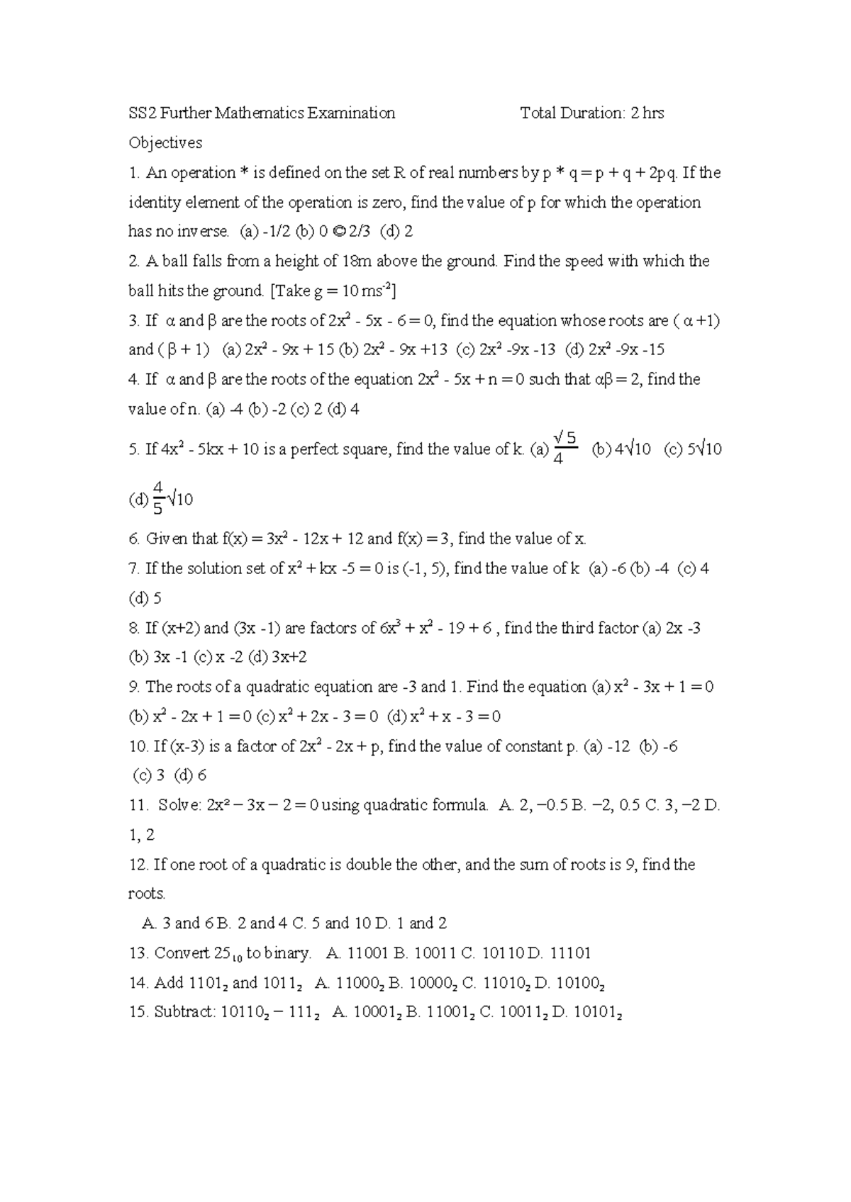 SS2 Further Mathematics Final Exam Questions and Solutions - Studocu