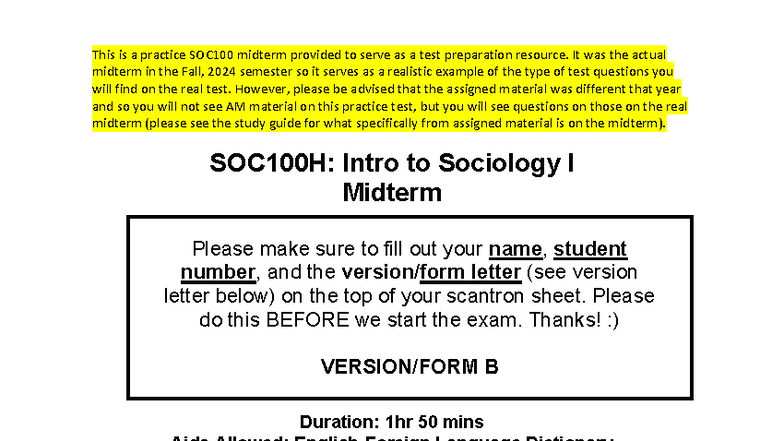 SOC100H: Practice Midterm 2 for Intro to Sociology I - Fall 2024 - Studocu
