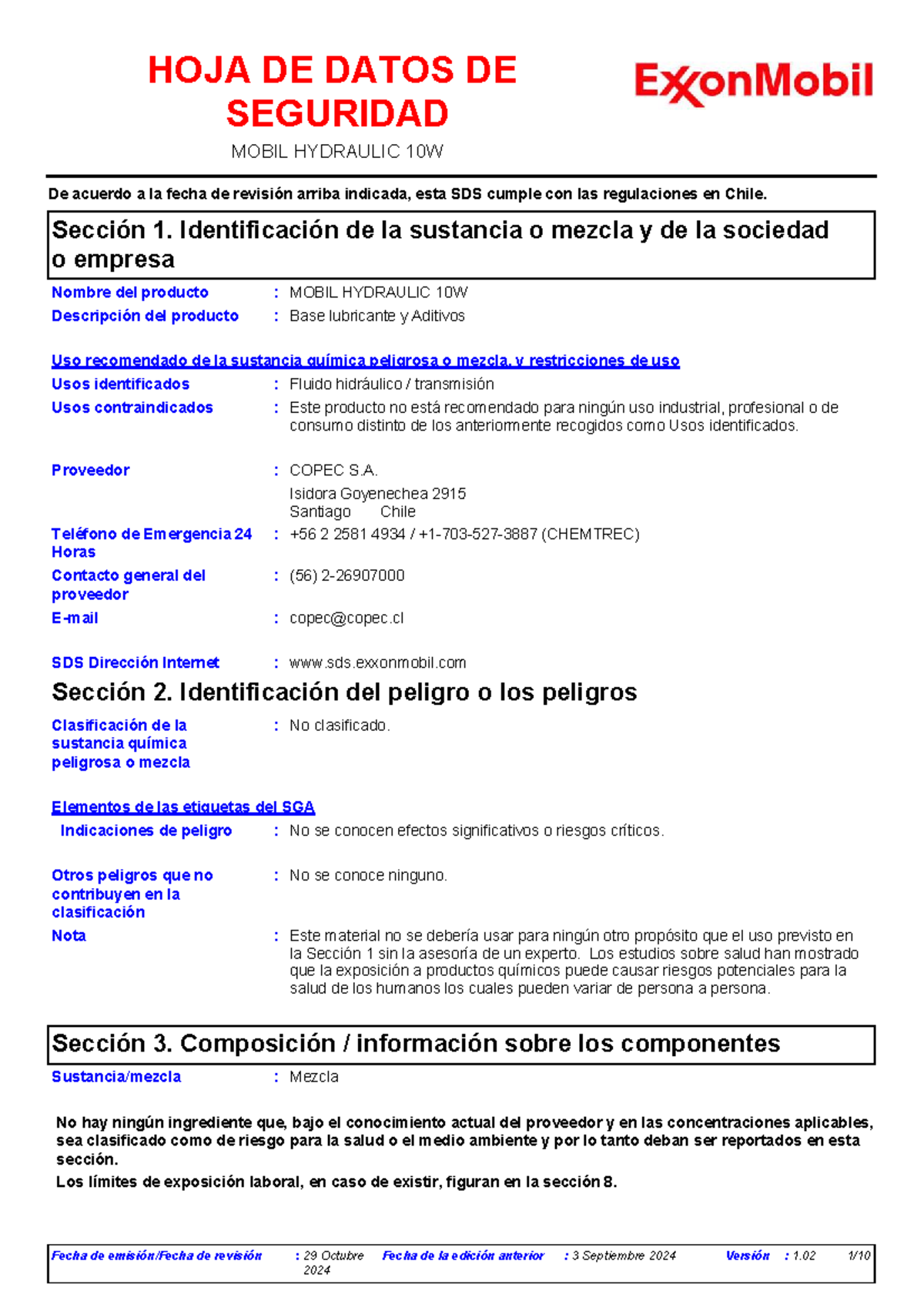Hoja de Seguridad SDS: Mobil Hydraulic 10W - Chile 2024 - Studocu