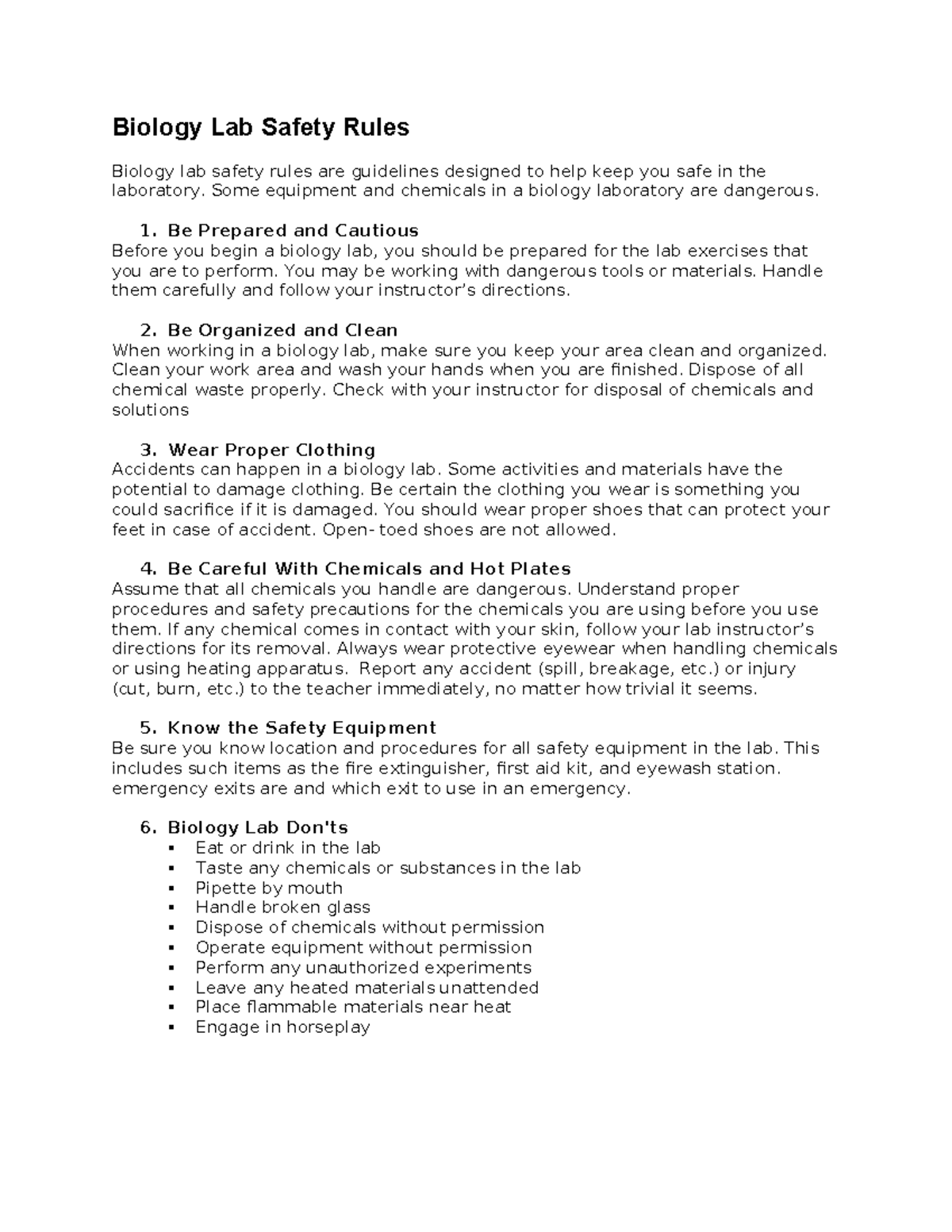 Biology Lab Safety Rules: Essential Guidelines for Students - Studocu