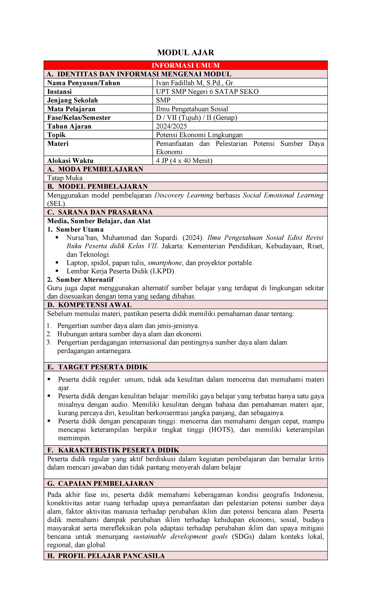 Modul Ajar IPS Kelas VII: Potensi Ekonomi dan Toponimi Wilayah - Document Preview