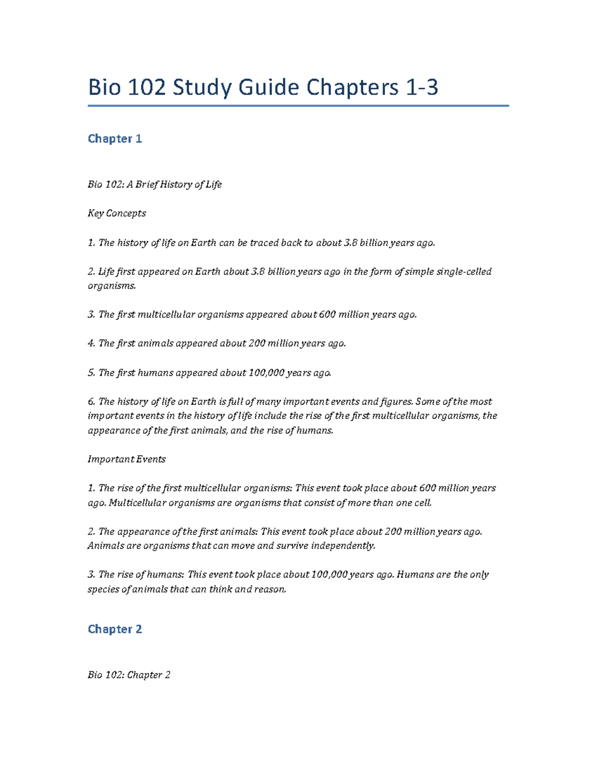 Bio 102 Study Guide: Key Concepts from Chapters 1-3 - Studocu