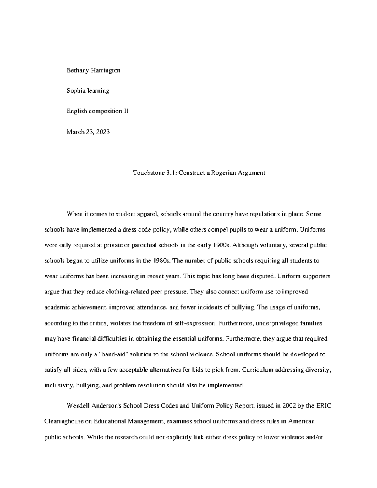 Touchstone 3: Rogerian Argument on School Uniform Policies - Studocu