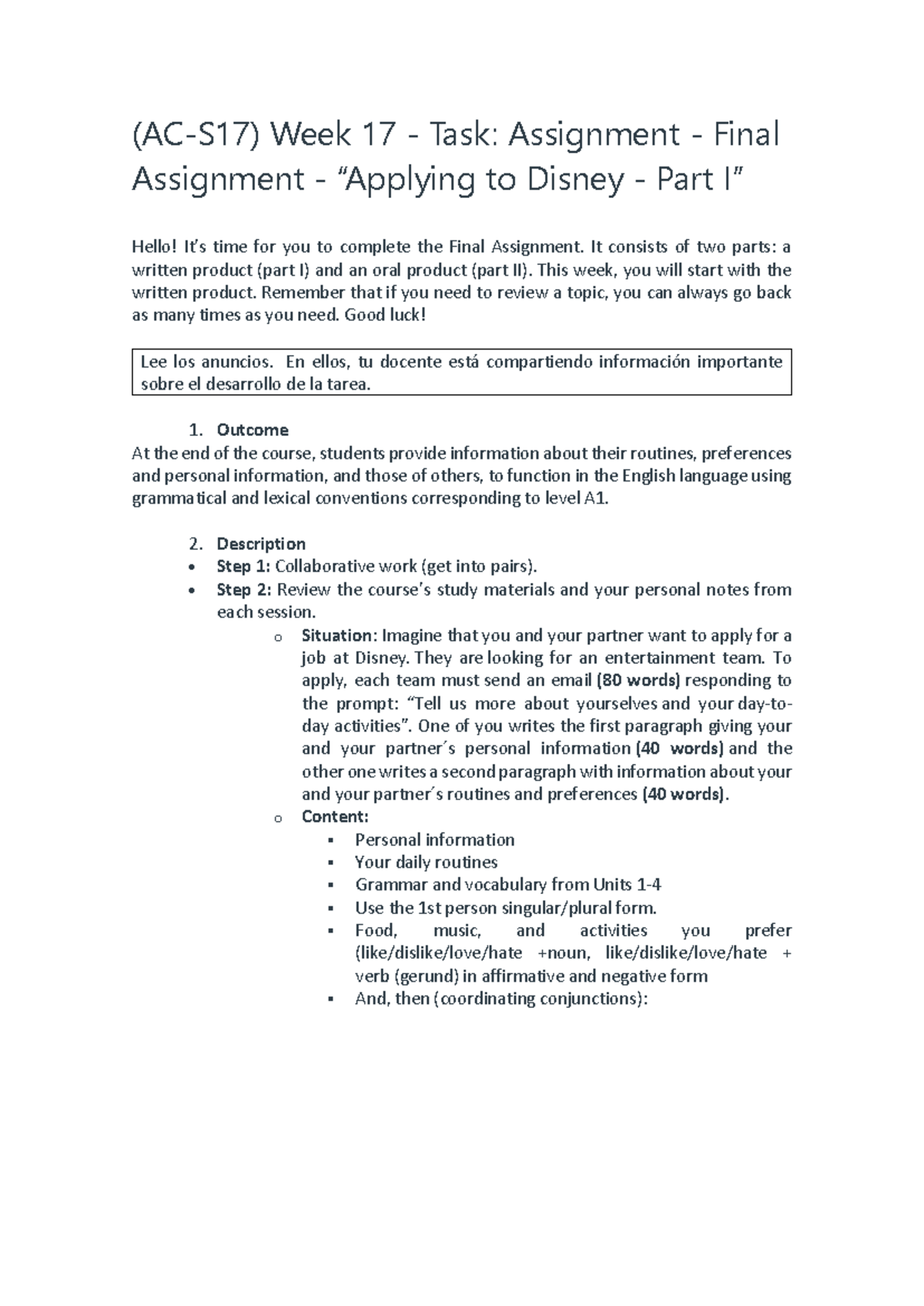 AC-S17 Final Assignment: Applying to Disney - Task Instructions Part I ...