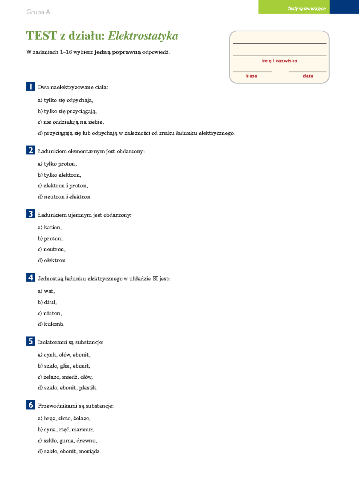 Sprawdzian Z Elektrostatyki Swiat Fizyki www.studocu.com