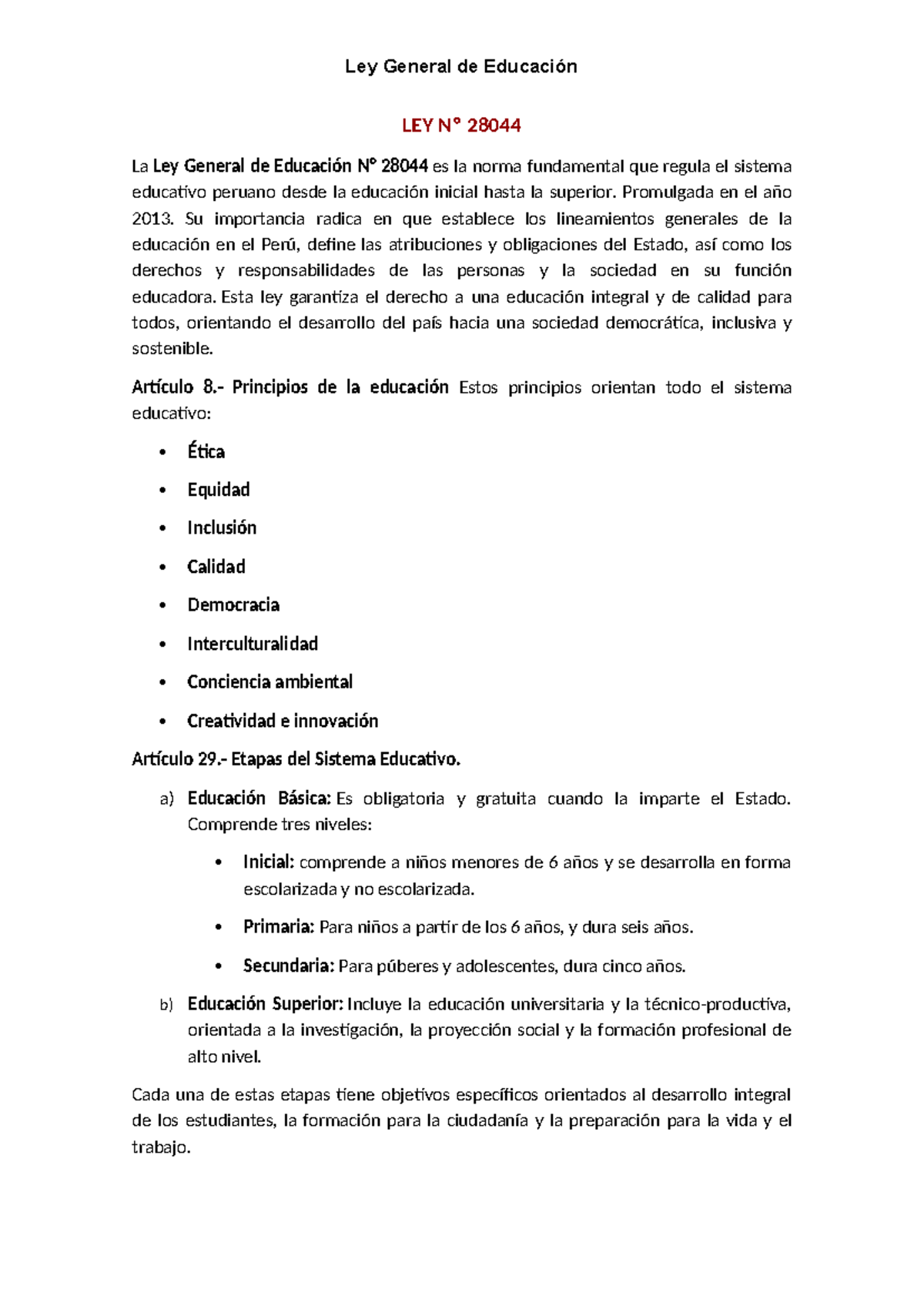 Ley General de Educación y Reforma Magisterial LEY Nº 28044 y 29944 ...