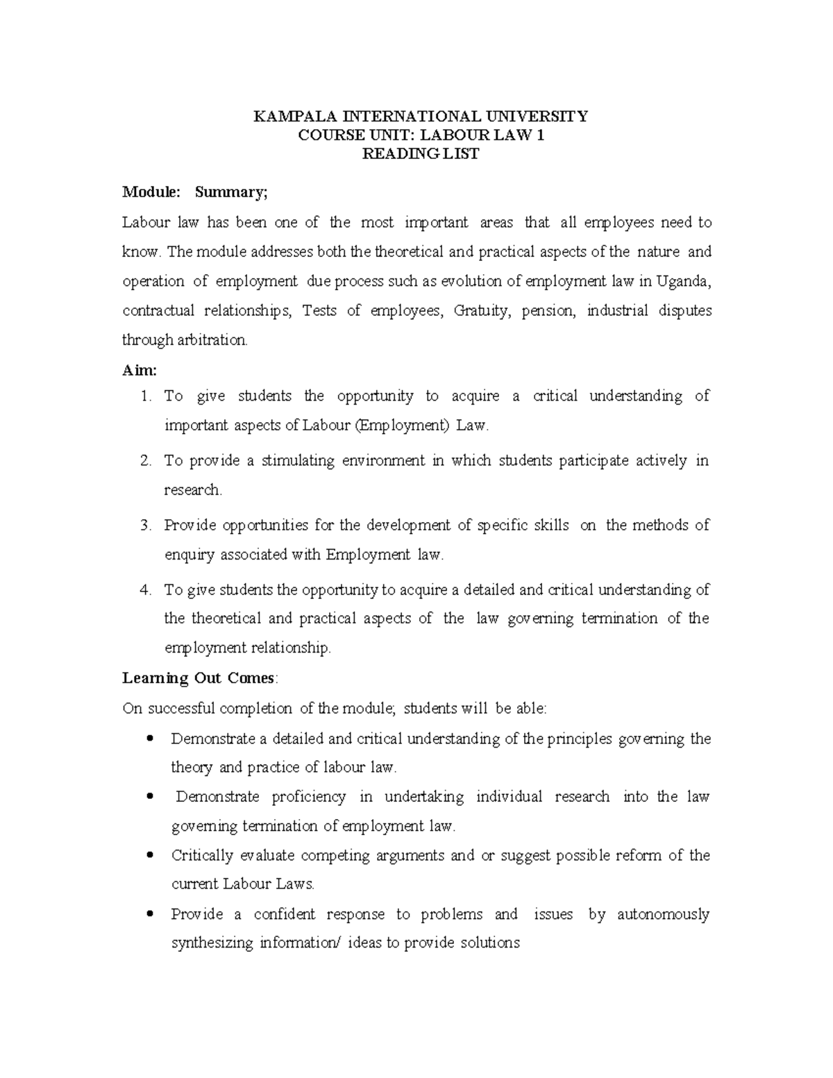 KIU Labour Law 1 Reading List: Key Concepts and Resources 2025 - Studocu