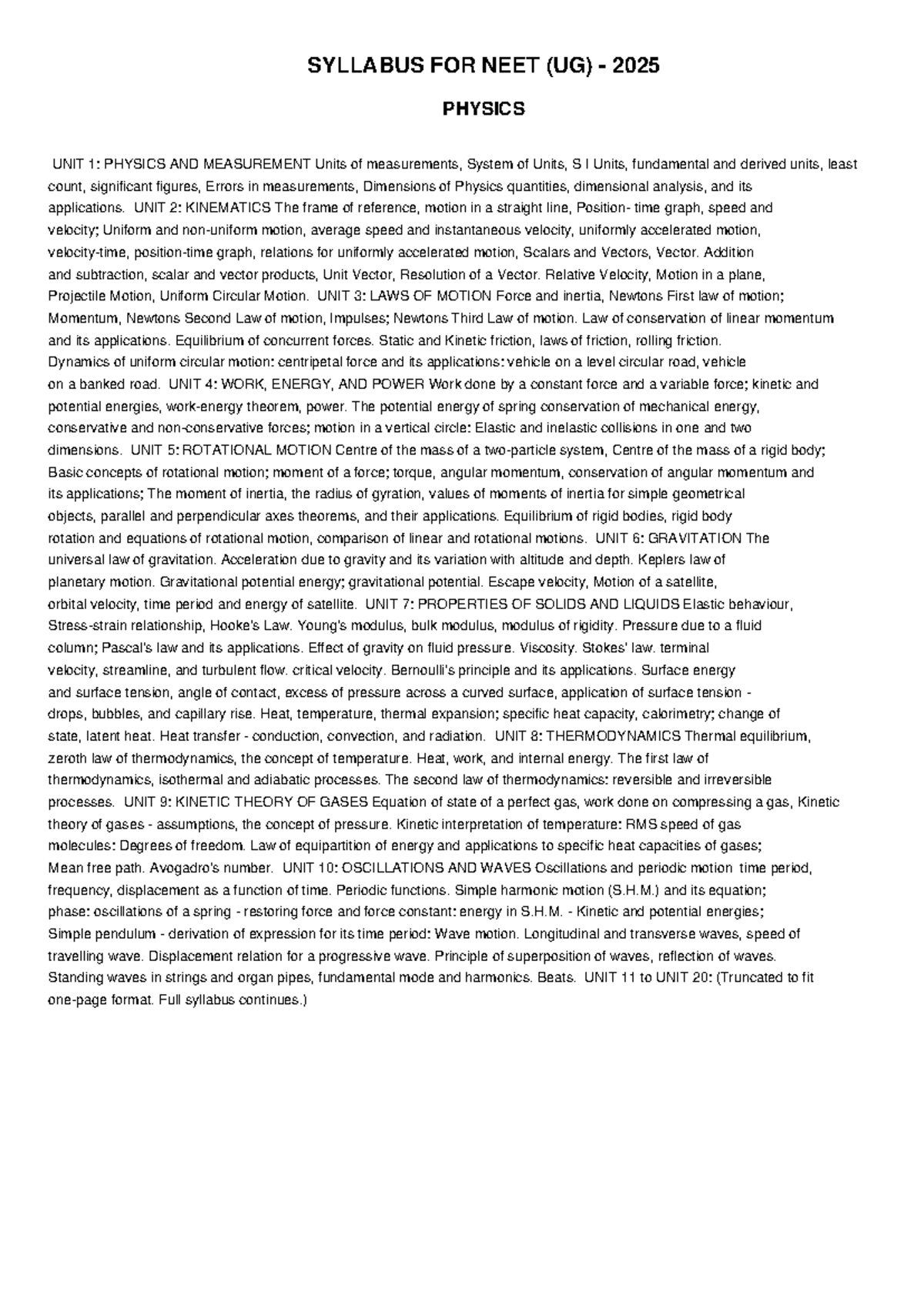 Neet (ug) 2025 physics syllabus overview and key concepts - Studocu