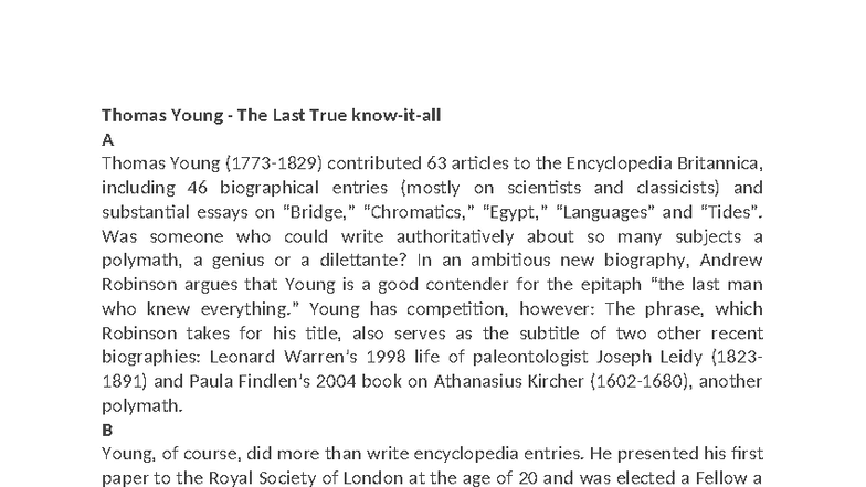 Thomas Young: The Last True Polymath - A Biography Analysis - Studocu