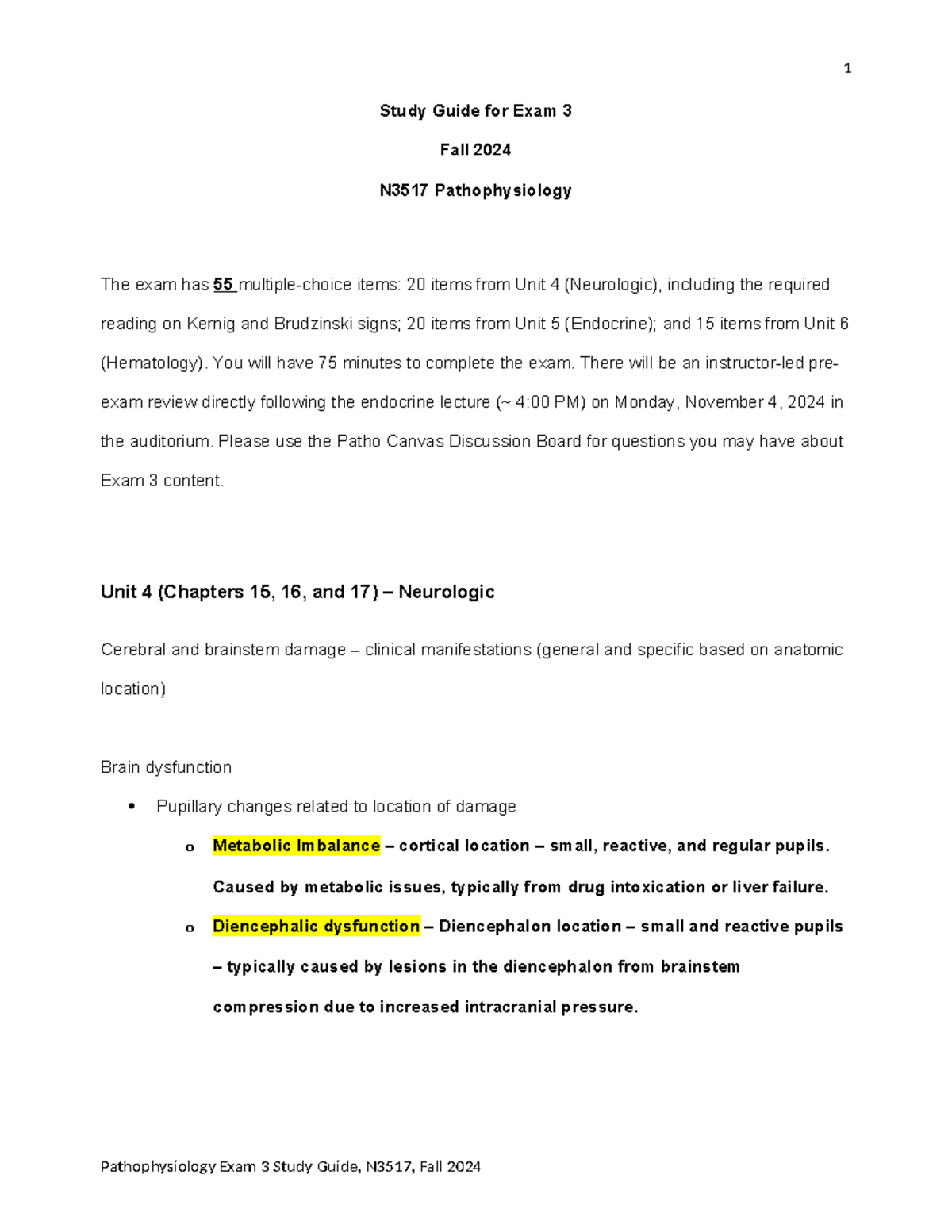 Pathophysiology Exam 3 Study Guide, N3517, Fall 2024 - Studocu