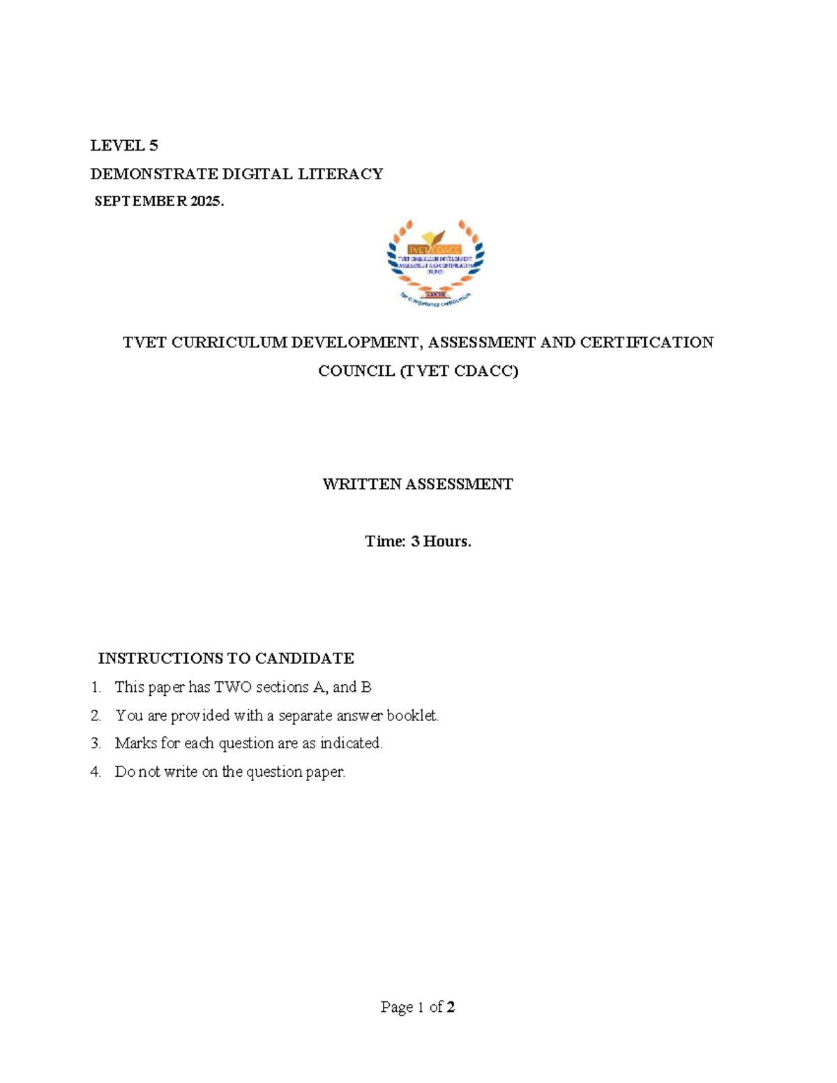 LEVEL 5 CAT 2 Digital Literacy Revision Guide - Sept 2025 - Studocu