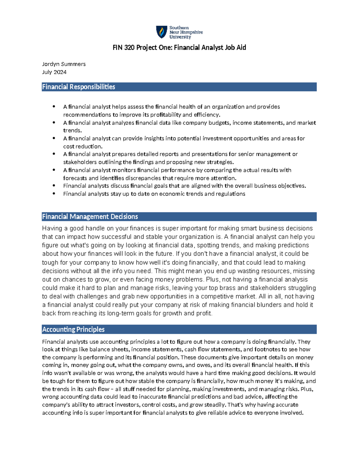 FIN 320 Project One Financial Analyst Job Aid - A financial analyst ...