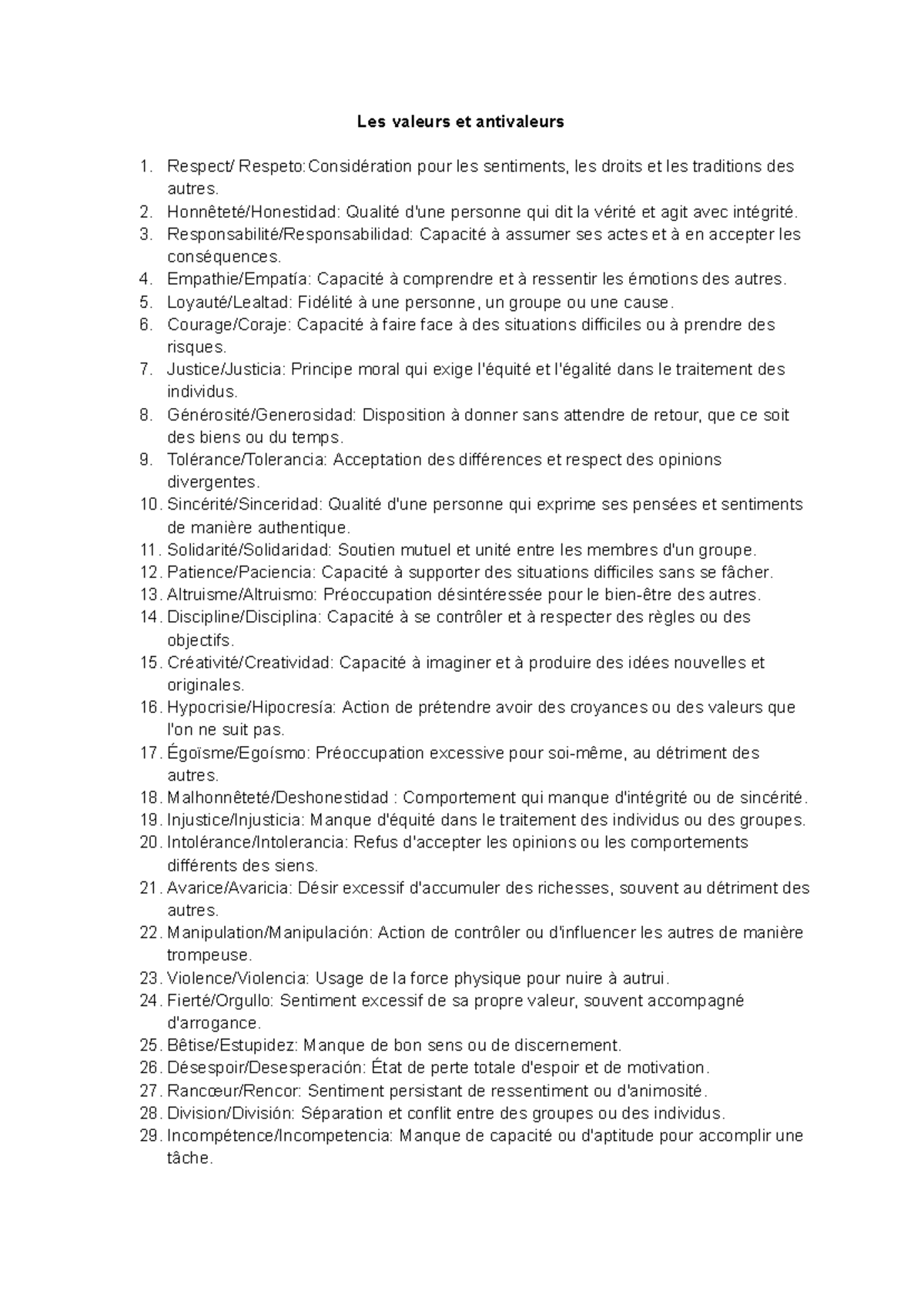 Vocabulaire des valeurs et antivaleurs - Les valeurs et antivaleurs ...