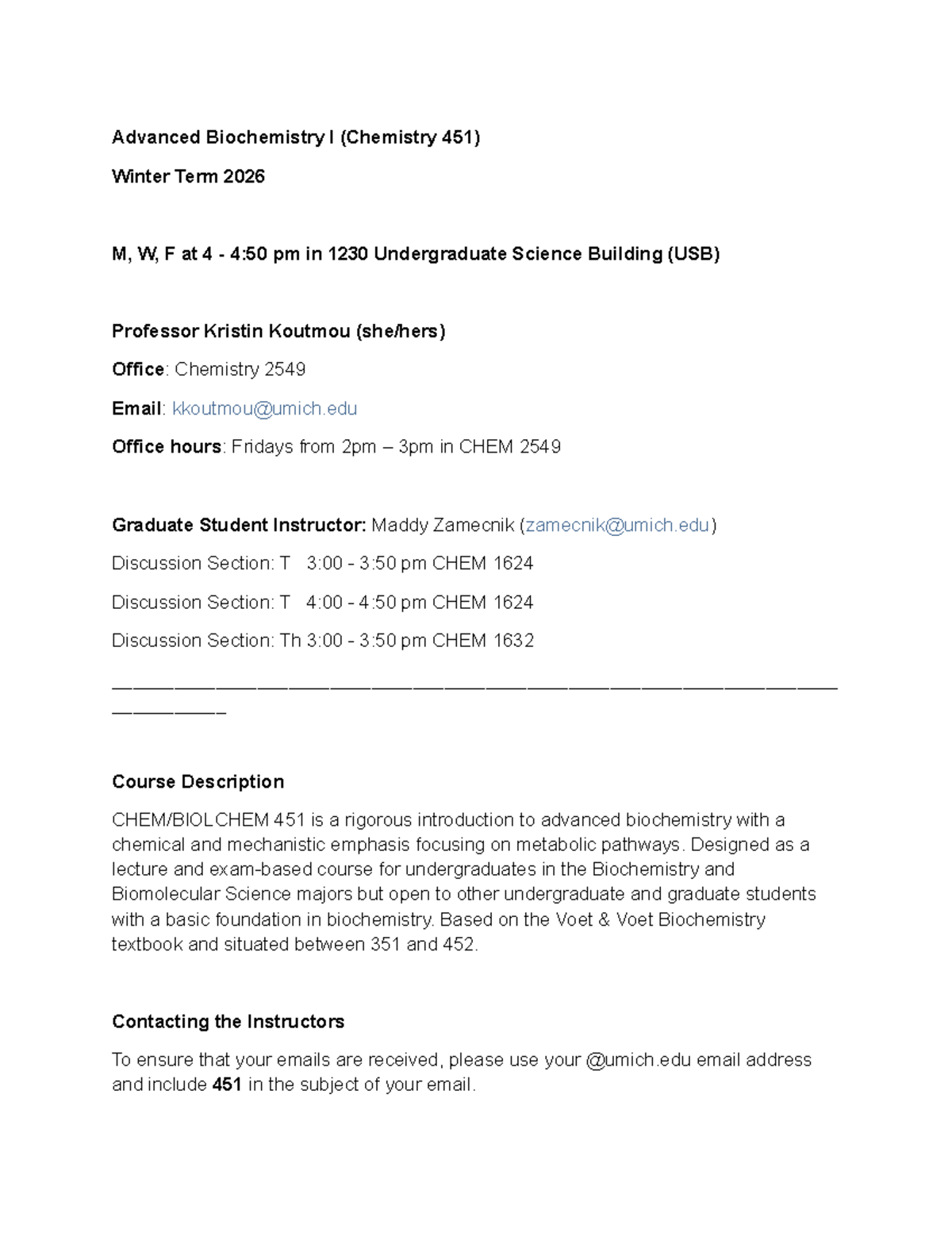 Advanced Biochemistry I Syllabus (Chemistry 451) Winter 2026 - Studocu