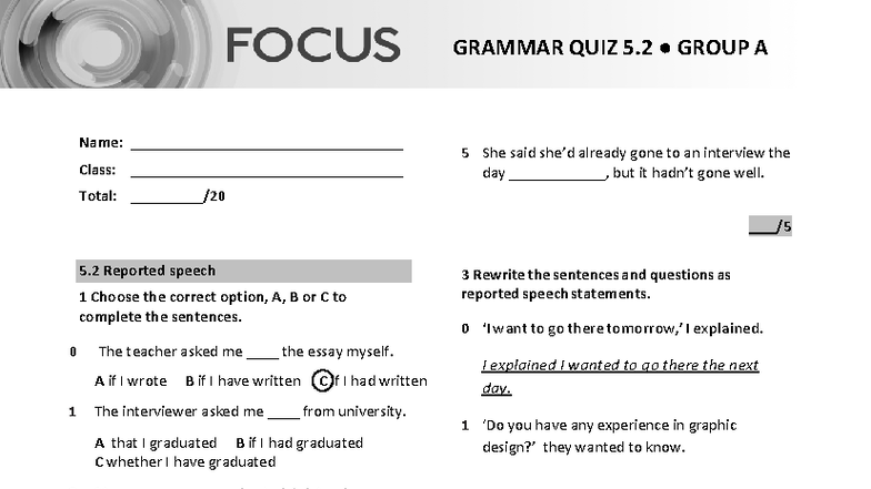 Focus 4 2E Grammar Quiz Unit5 2 Group A - © Pearson 2020 PHOTOCOPIABLE ...