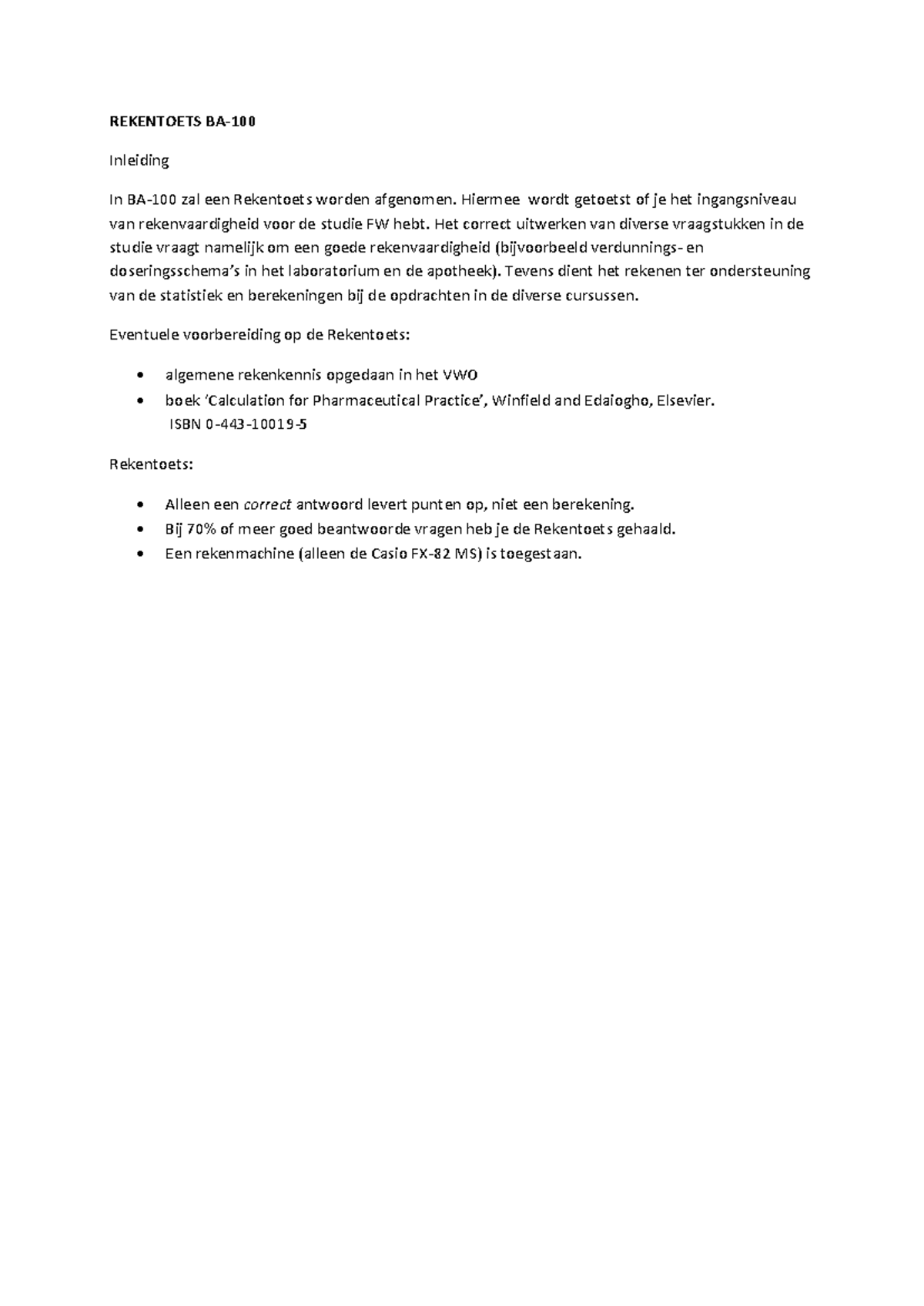 Rekentoets FW: Voorbereiding en Informatie voor Studenten - Studocu