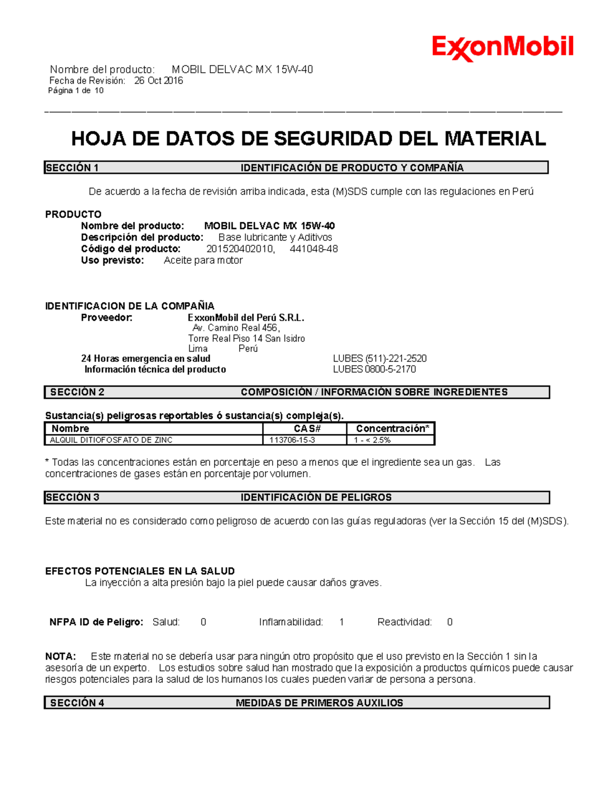 MSDS - Aceite Mobil Delvac MX 15W40 (Código: 201520402010) - Studocu
