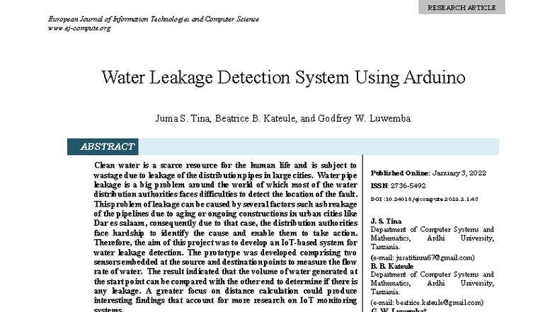 Water Leakage Detection System Using Arduino: An IoT Approach - Studocu