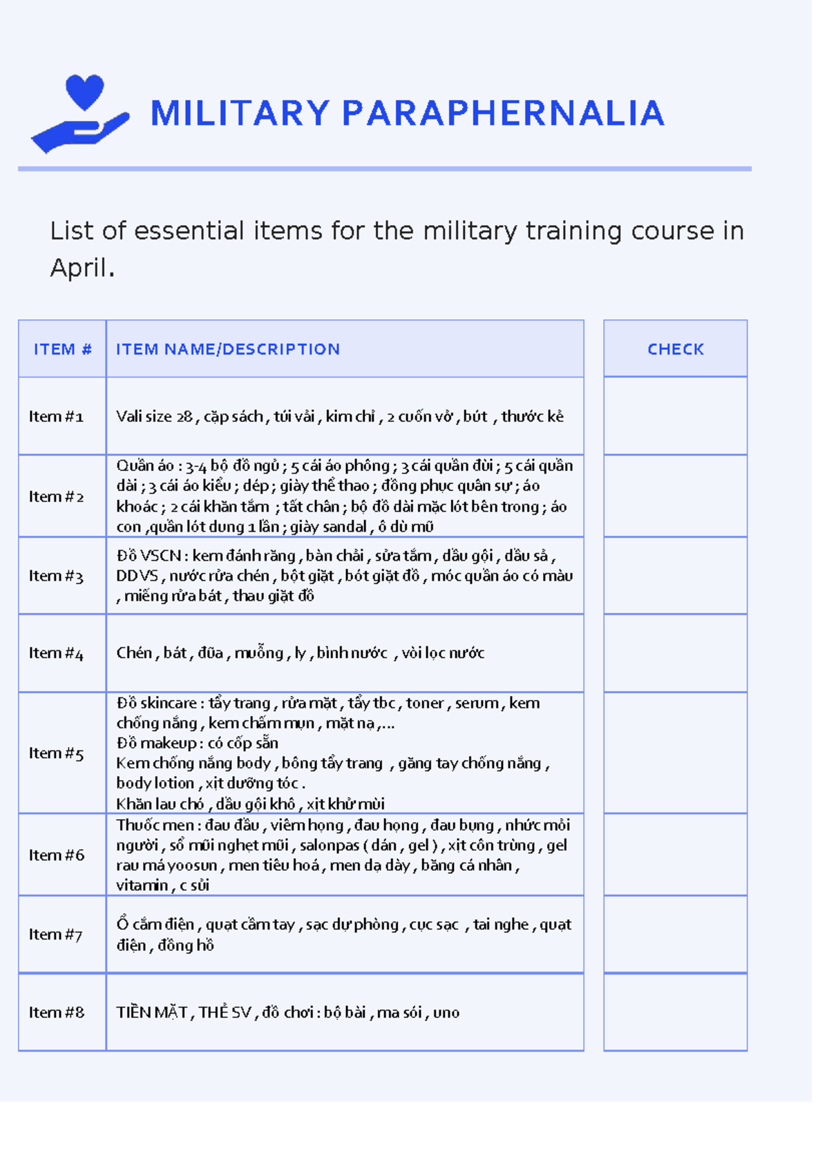 MILITARY TRAINING ESSENTIALS - Items for April Course - Studocu