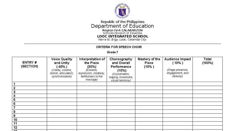 Criteria for Speech Choir - Grade 7 Entry Evaluation - Studocu