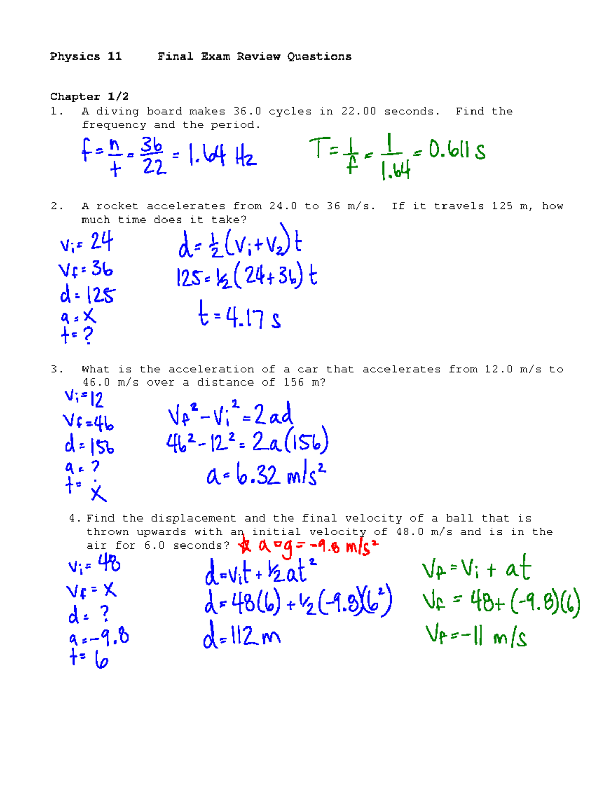 Physics 11 Final Exam Review Questions: Comprehensive Key - Studocu