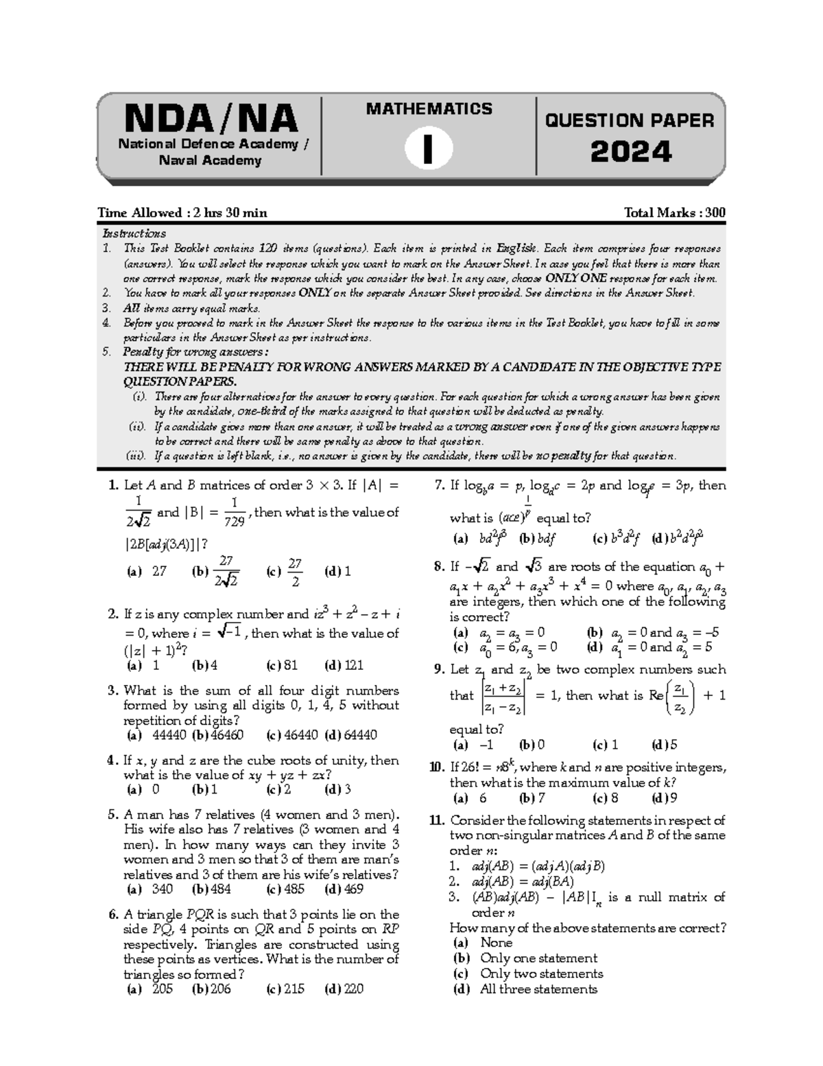 NDA NA MATHEMATICS QUESTION PAPER I - 2024 Solved Paper - Studocu