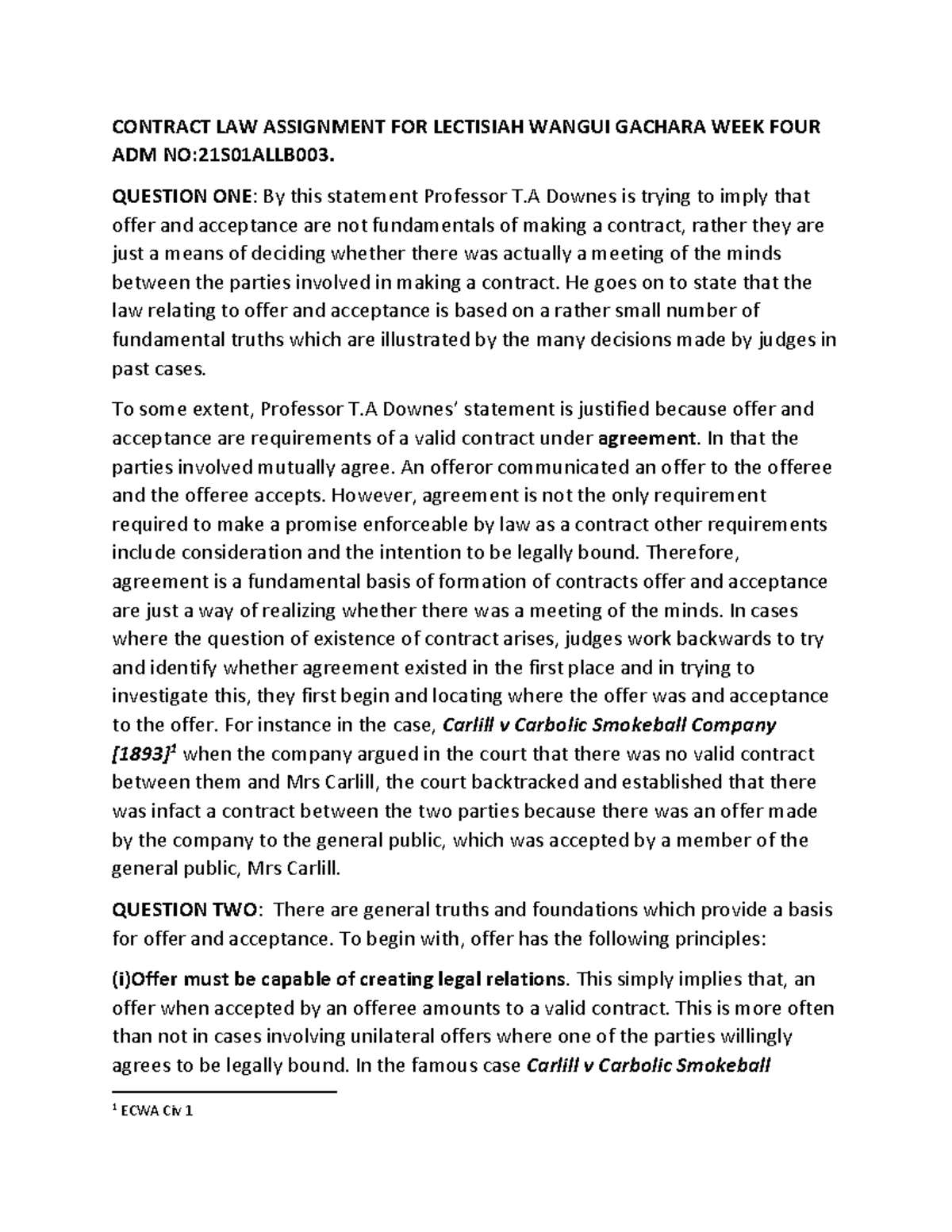 WEEK FOUR - Contract Law Assignment Insights (ADM NO:21S01ALLB003 ...