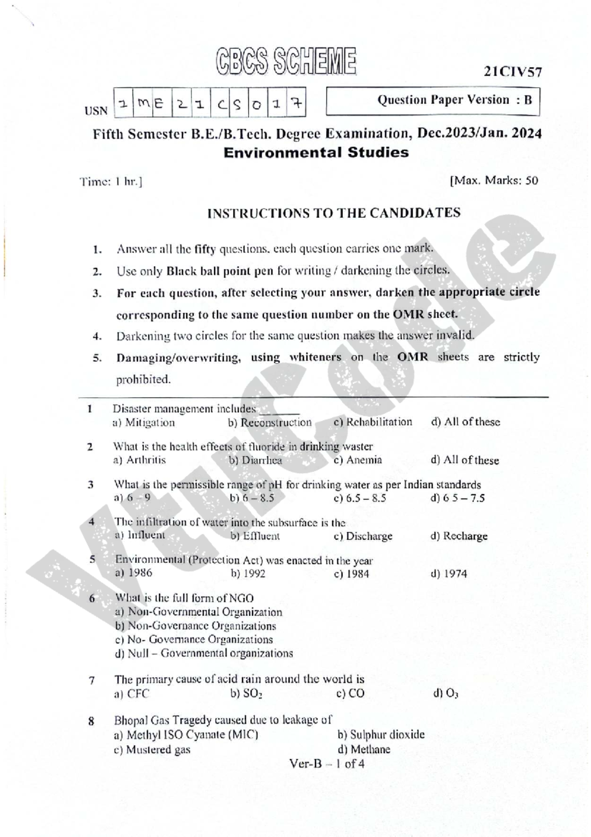 21CIV57 Environmental Studies Fifth Sem Exam Question Paper Version B ...